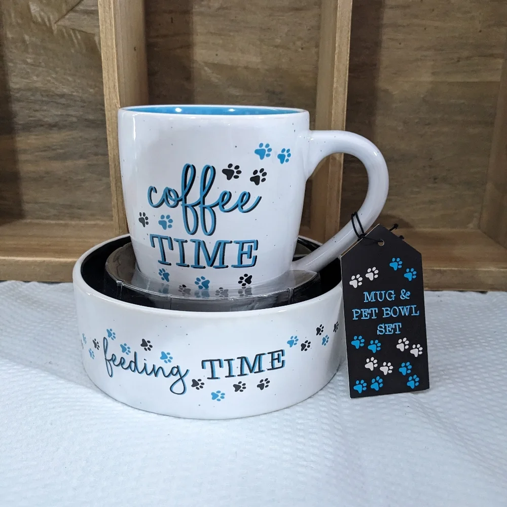 💙 Coffee Time & 🐾 Feeding Time Pet Mug Bowl Set NEW